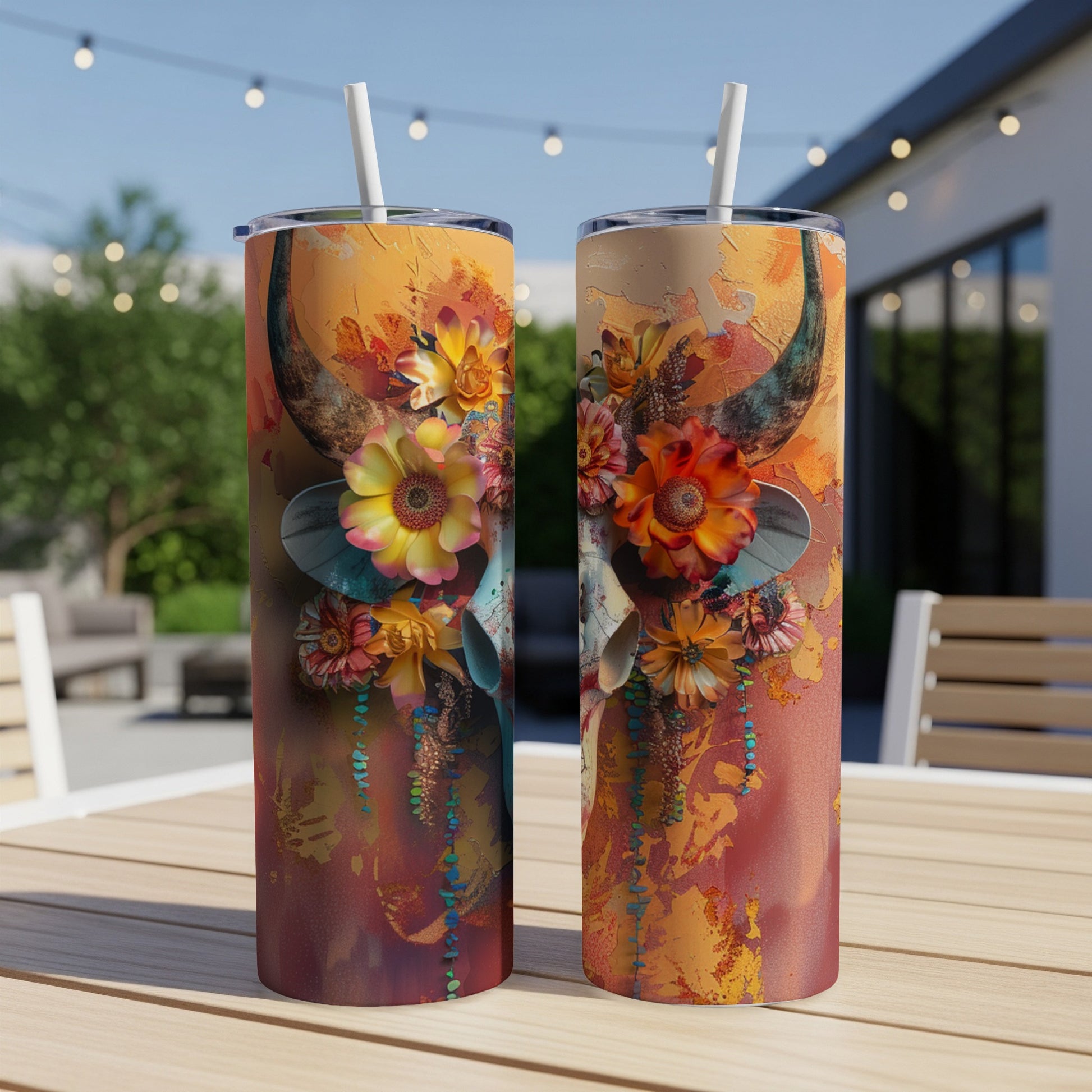 Two tumblers featuring a bull skull with floral adornments on a wooden table.