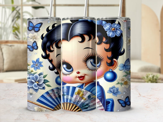 Cute Floral and Butterfly Doll Tumbler Cup Design