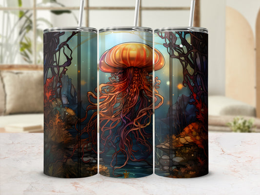 Tall tumbler with a vibrant jellyfish in an underwater scene.