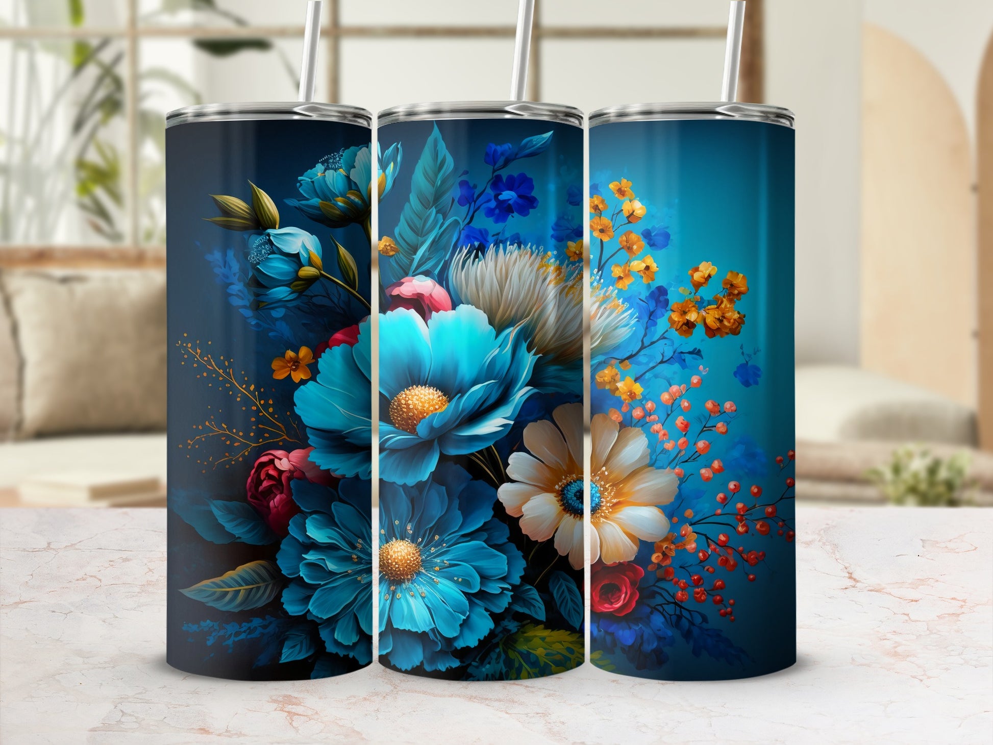 Vibrant Floral Design with Blue and Orange Tones Tumbler