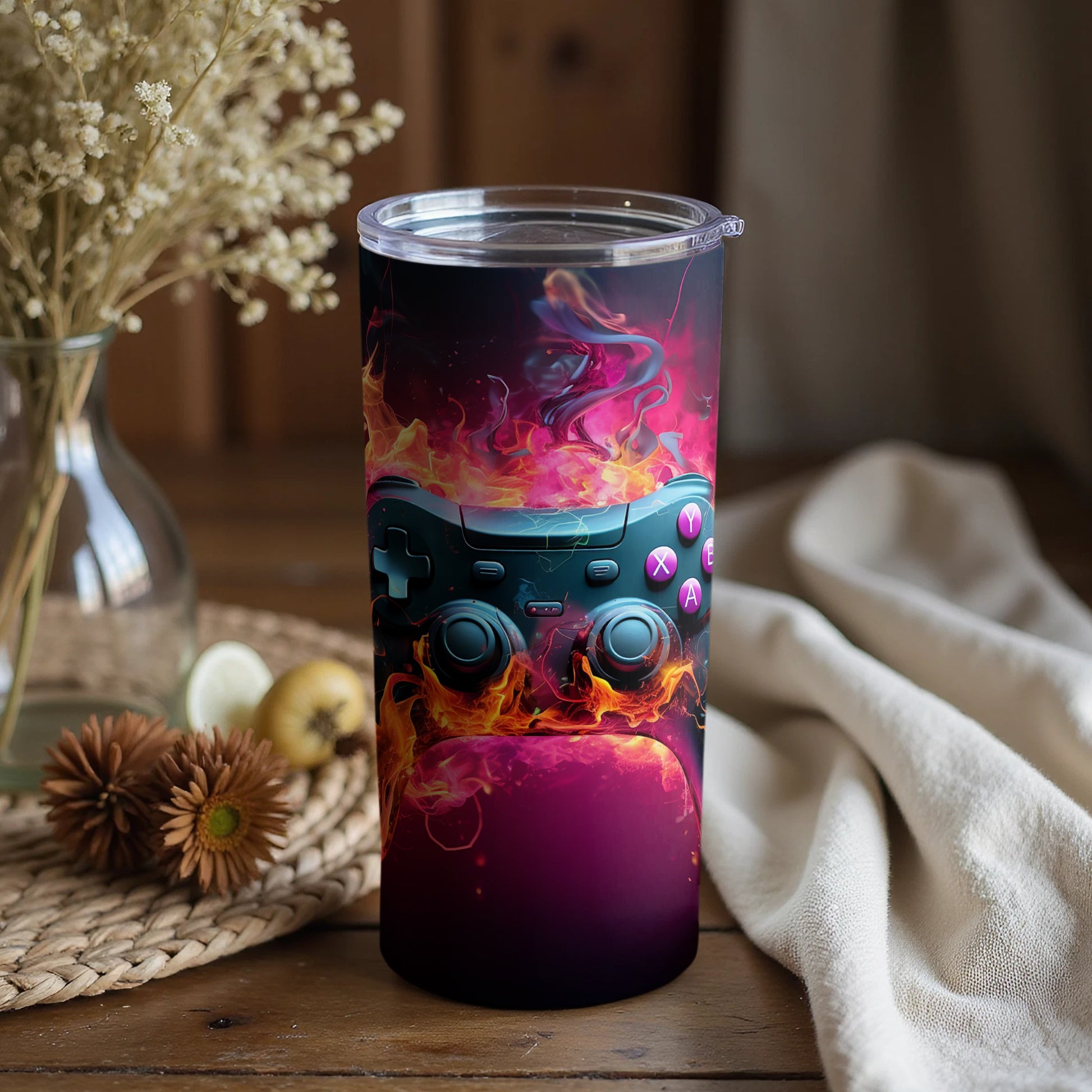 Vibrant Gaming Controller Travel Tumbler with Lid