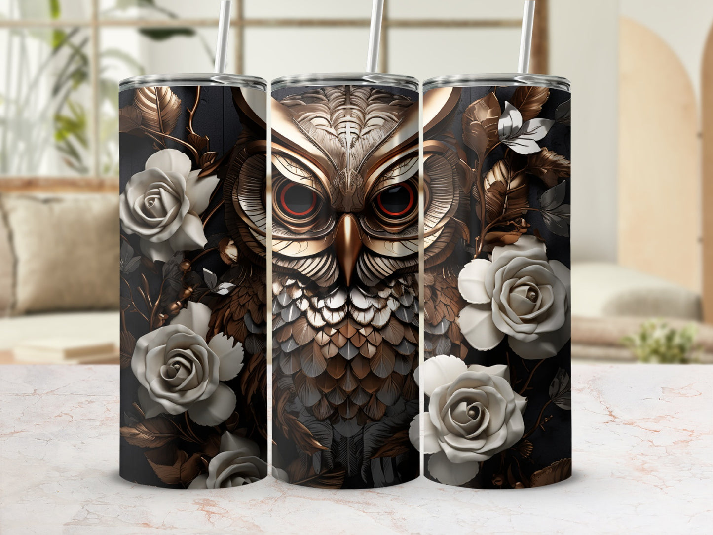 Gold and white owl with roses on a dark, textured background.