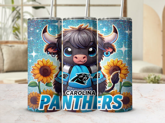 Carolina Panthers tumbler with cartoon bull and sunflowers.