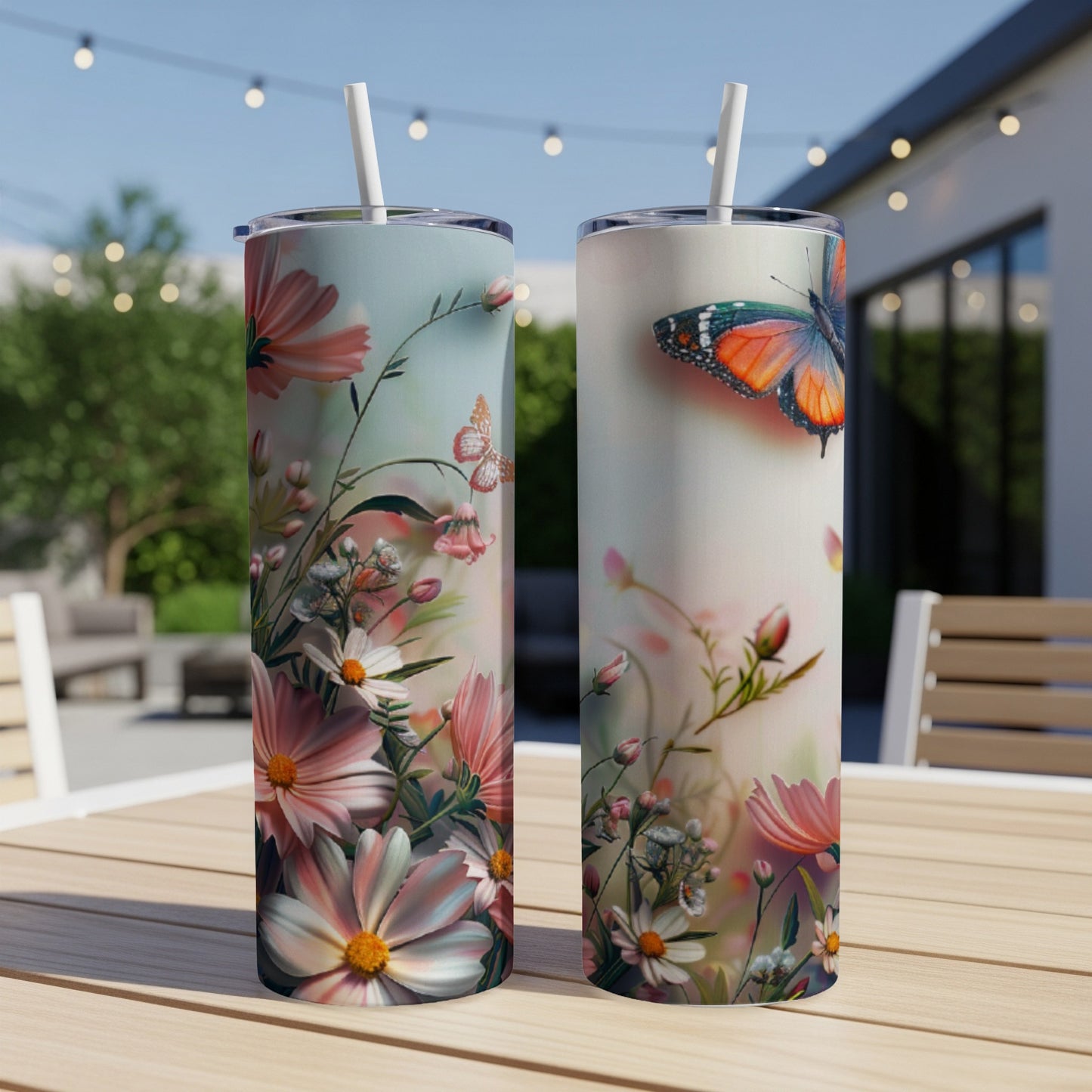 Two tumblers with floral and butterfly designs sitting on a table outdoors.