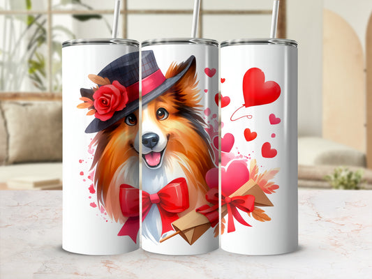 Three tumblers featuring a dog in a hat with a red bow, hearts, and envelope.