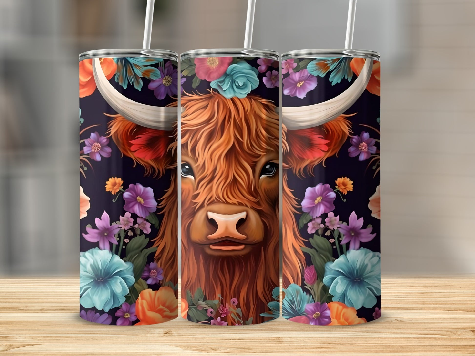 Highland Cow Floral Print Art on Travel Tumbler Cup