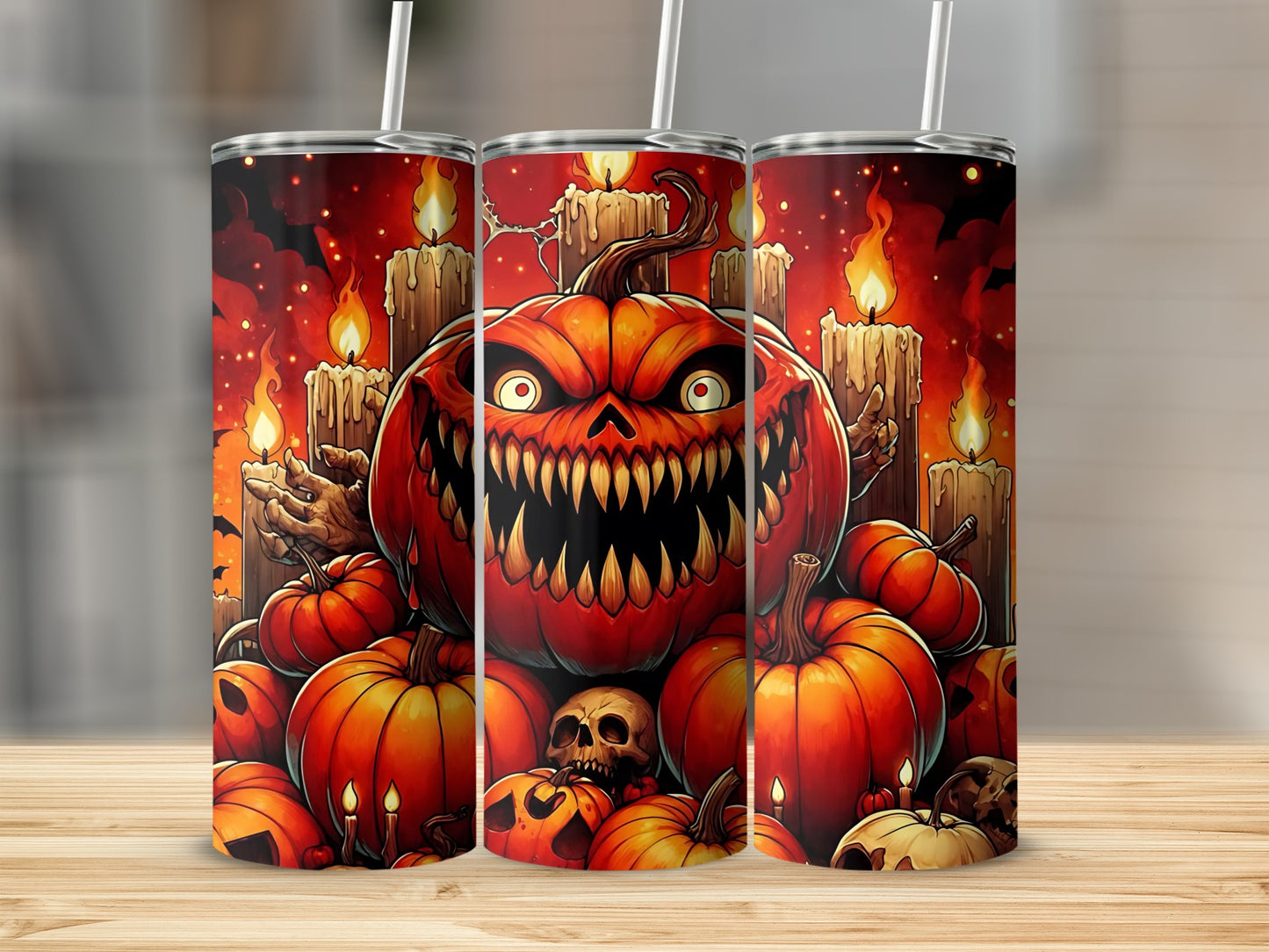 Halloween tumbler with a monstrous pumpkin surrounded by gourds and candles.