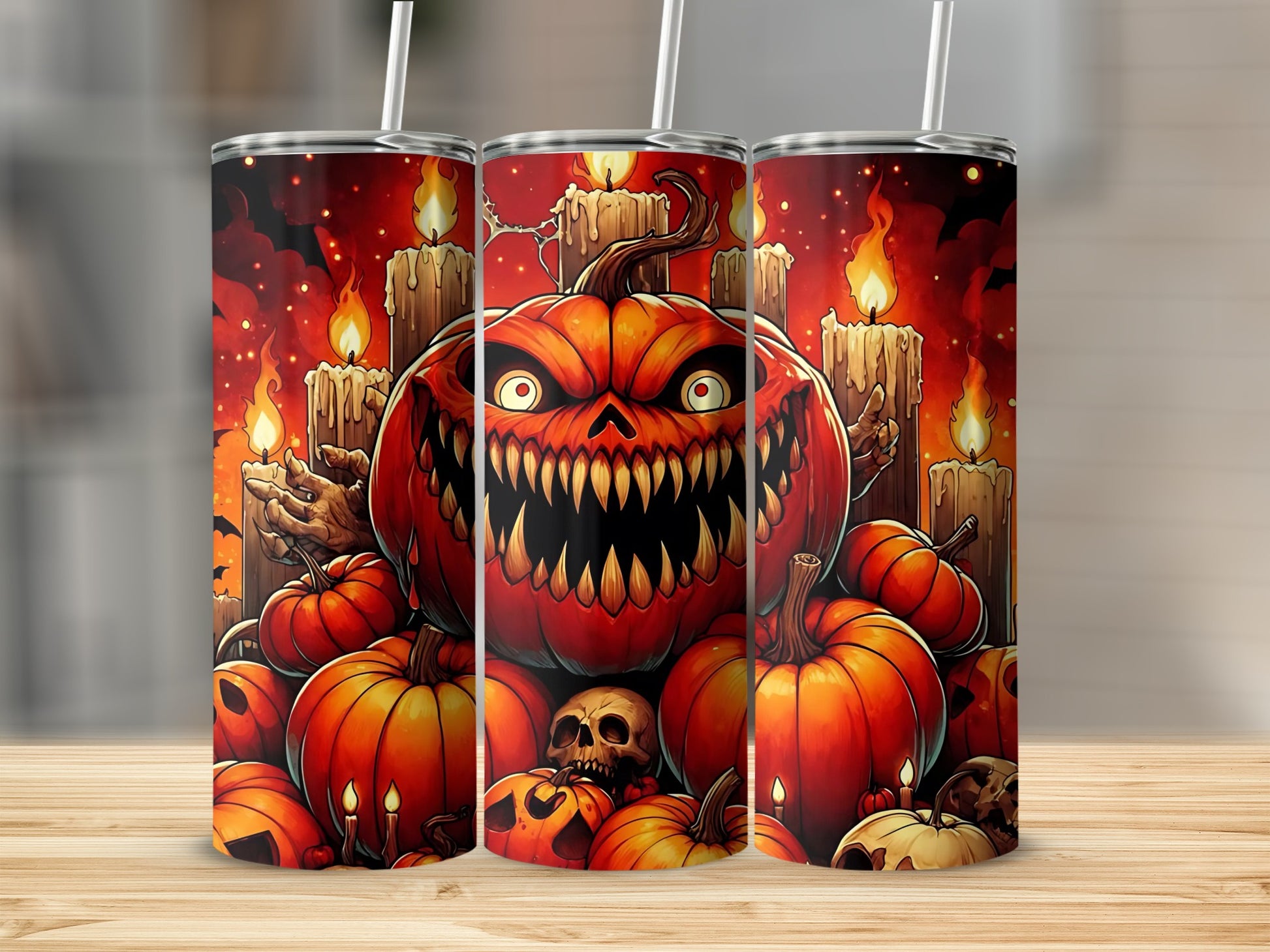 Halloween tumbler with a monstrous pumpkin surrounded by gourds and candles.