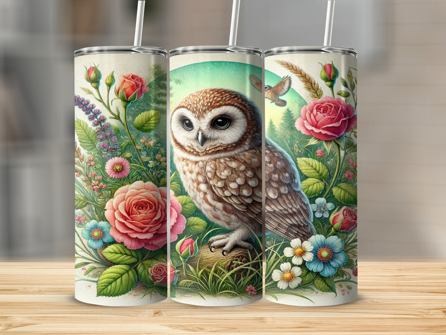 Owl and Floral Patterned Tumbler with Straw