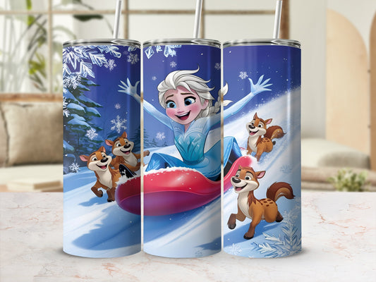Elsa slides down a snowy hill on a sled with playful squirrels.