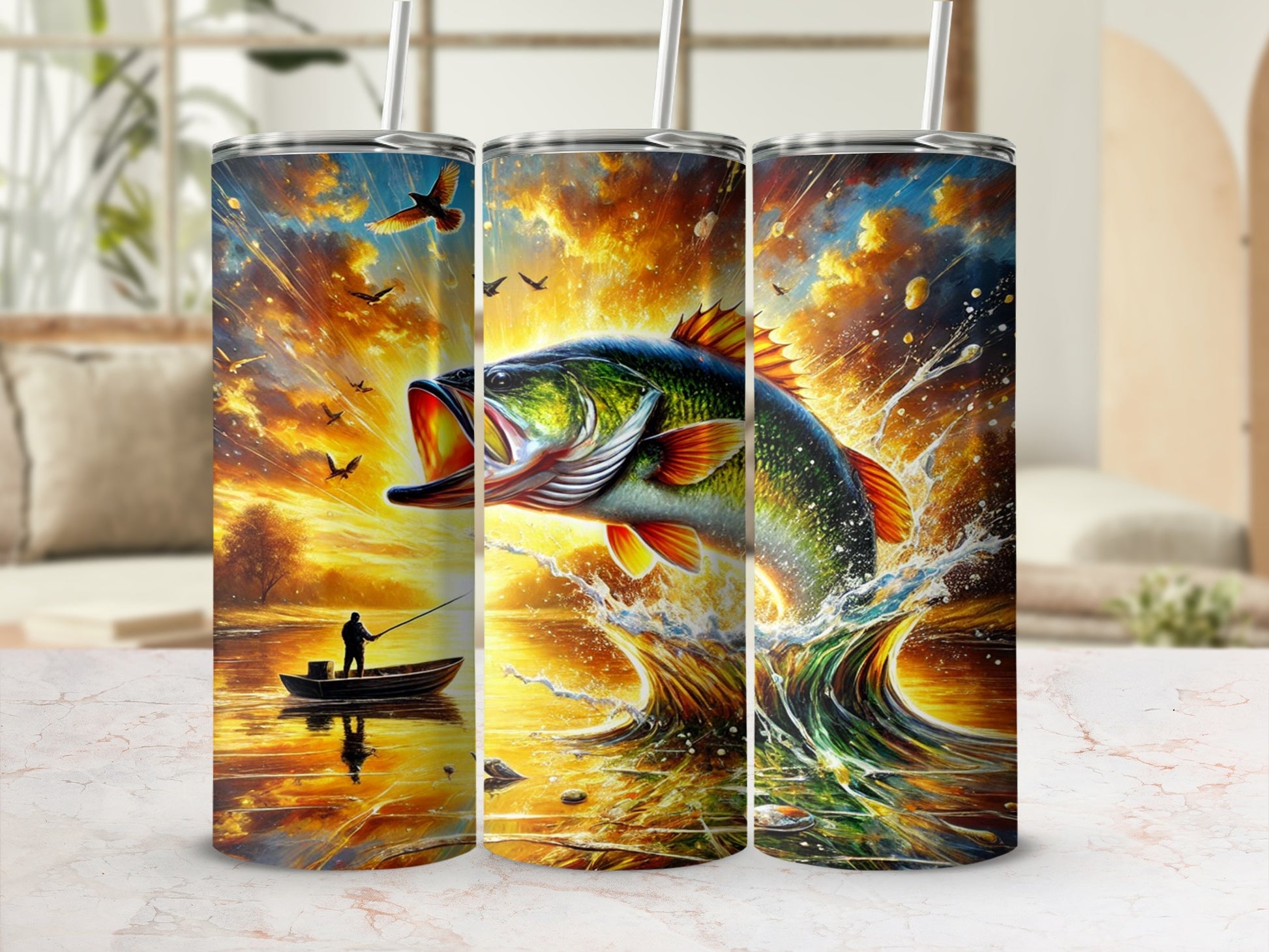 Vibrant Fishing Scene Tumbler With Lively Fish Design