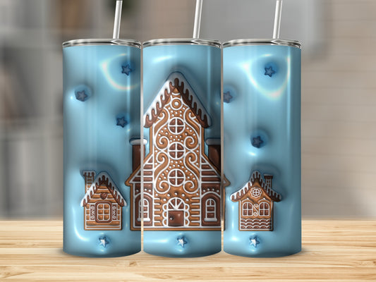 Blue Gingerbread House Design Stainless Steel Tumbler