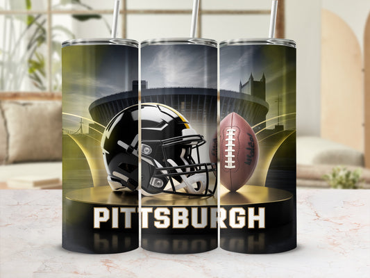 Pittsburgh Steelers helmet and football on podium with stadium background.