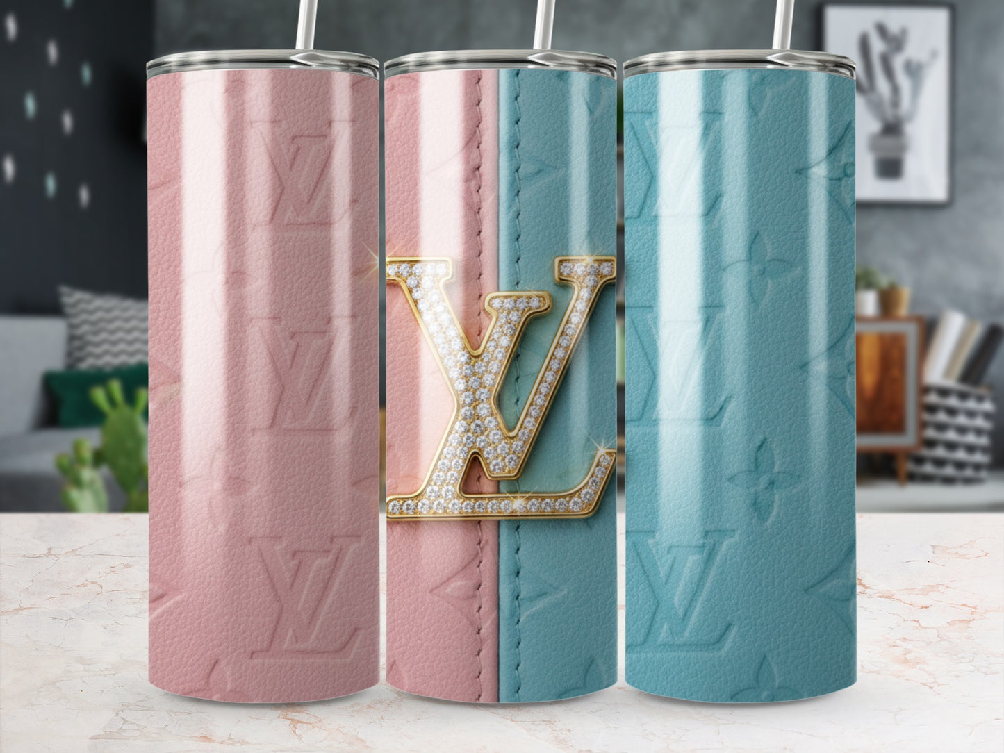Elegant Pink and Blue LV Pattern Tumbler with Diamond Accents