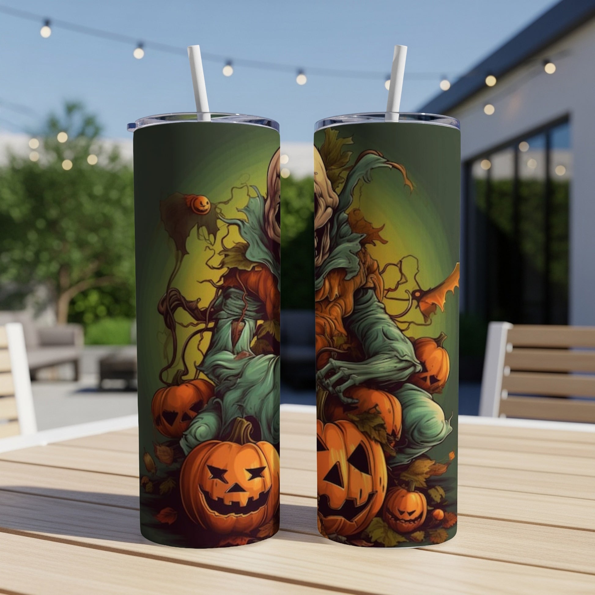 Two tumblers featuring a creepy scarecrow surrounded by pumpkins and leaves.