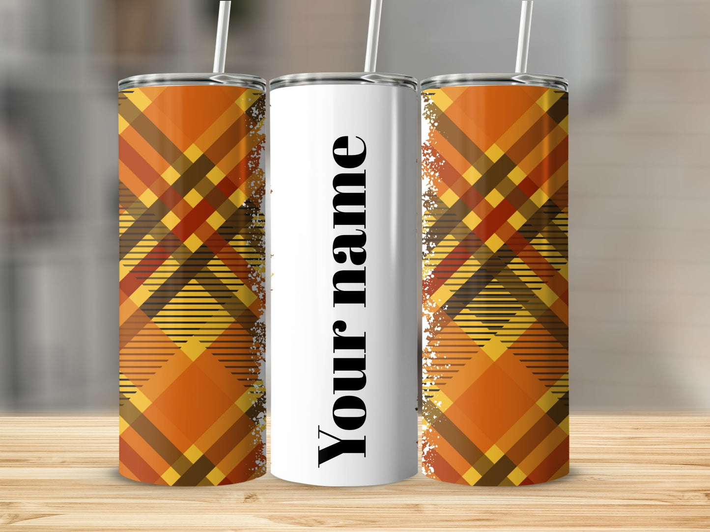 Personalized Orange Plaid Pattern Tumbler with Straw
