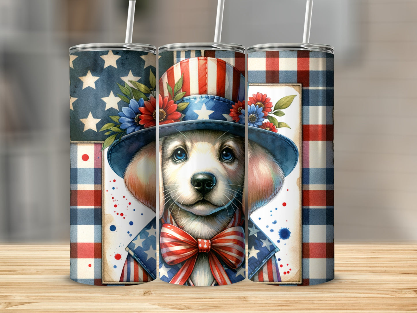 Dog wearing patriotic hat and bowtie, surrounded by stars and stripes.