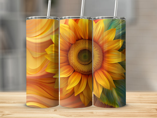 Three tumblers with a vibrant sunflower design.