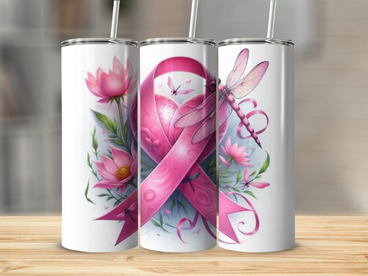 Pink Ribbon Dragonfly and Flowers Tumbler  product
