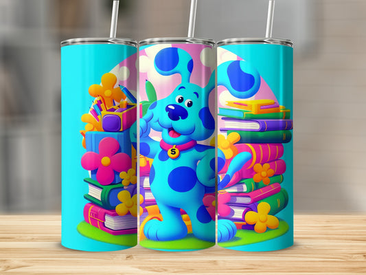 Colorful Blue Dog Character with Books and Flowers product