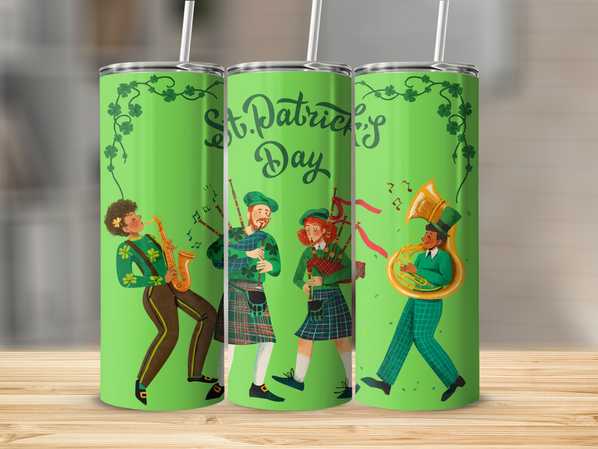 St. Patrick's Day tumblers with musicians playing instruments.