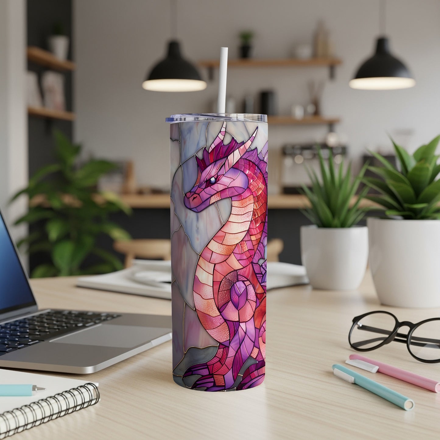 Stained glass dragon design on a tall, slender tumbler with a straw.