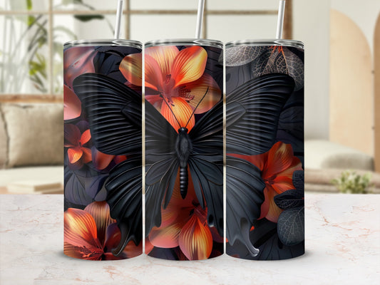 Black butterfly and orange flowers on a tumbler.