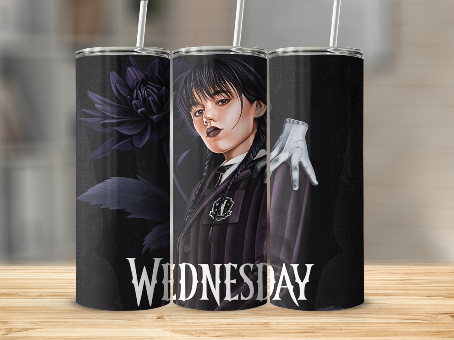 Wednesday Design Black Tumbler with Straw