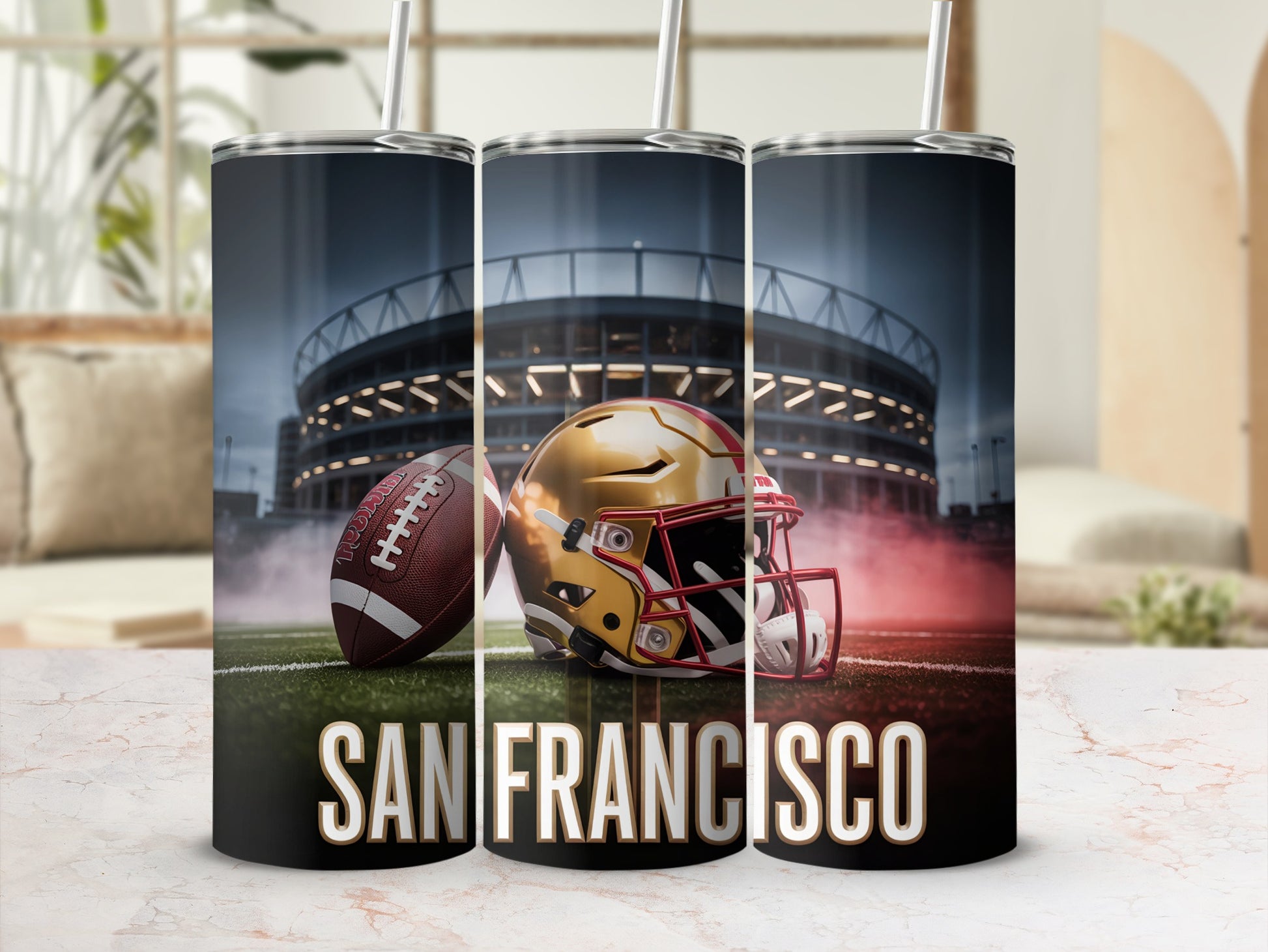 Football helmet and ball in front of stadium, "San Francisco" text.