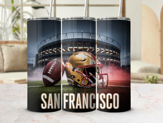 Football helmet and ball in front of stadium, "San Francisco" text.
