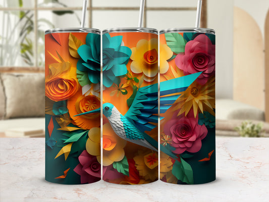 Three tumblers with a hummingbird and floral design.