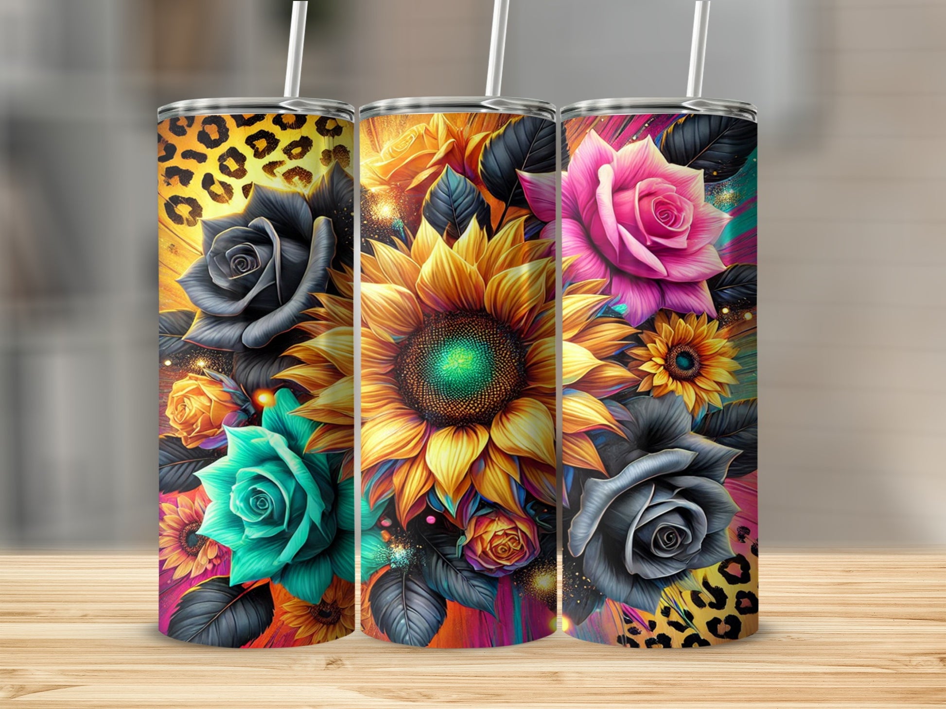 Colorful Sunflower and Rose Floral Design Tumblers
