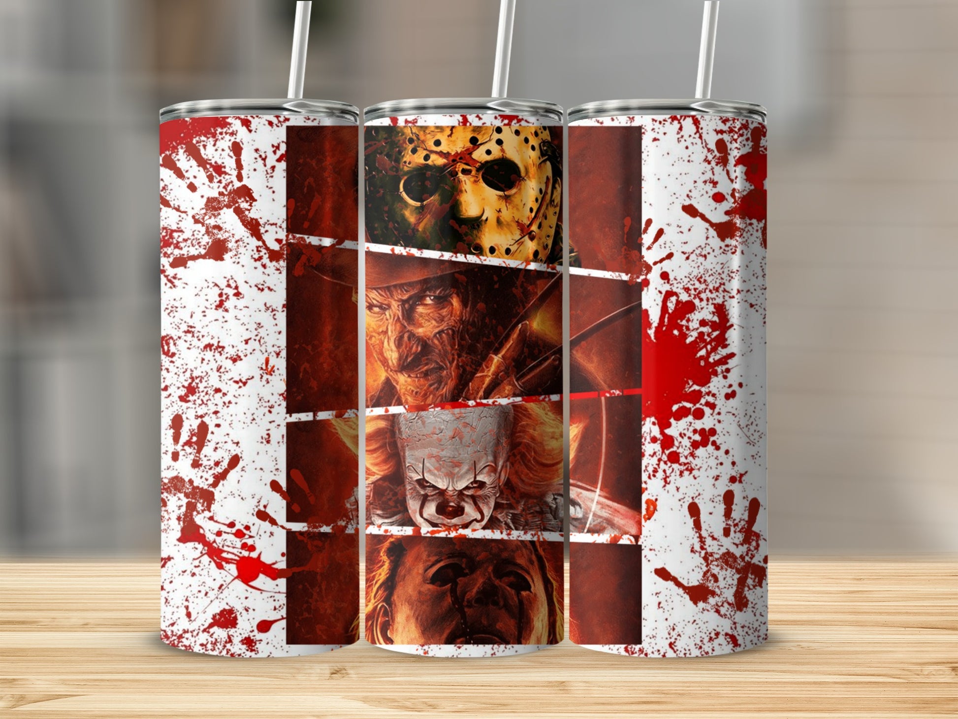 Tumbler with Freddy Krueger, Jason Voorhees, and Pennywise horror movie characters.