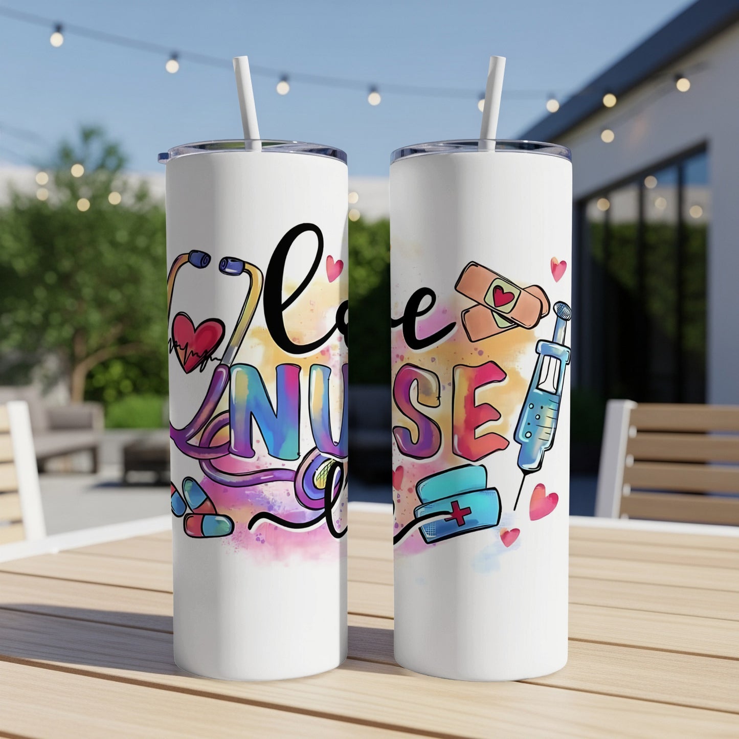 White tumblers with "Love Nurse" text and medical icons, including stethoscope and syringe.
