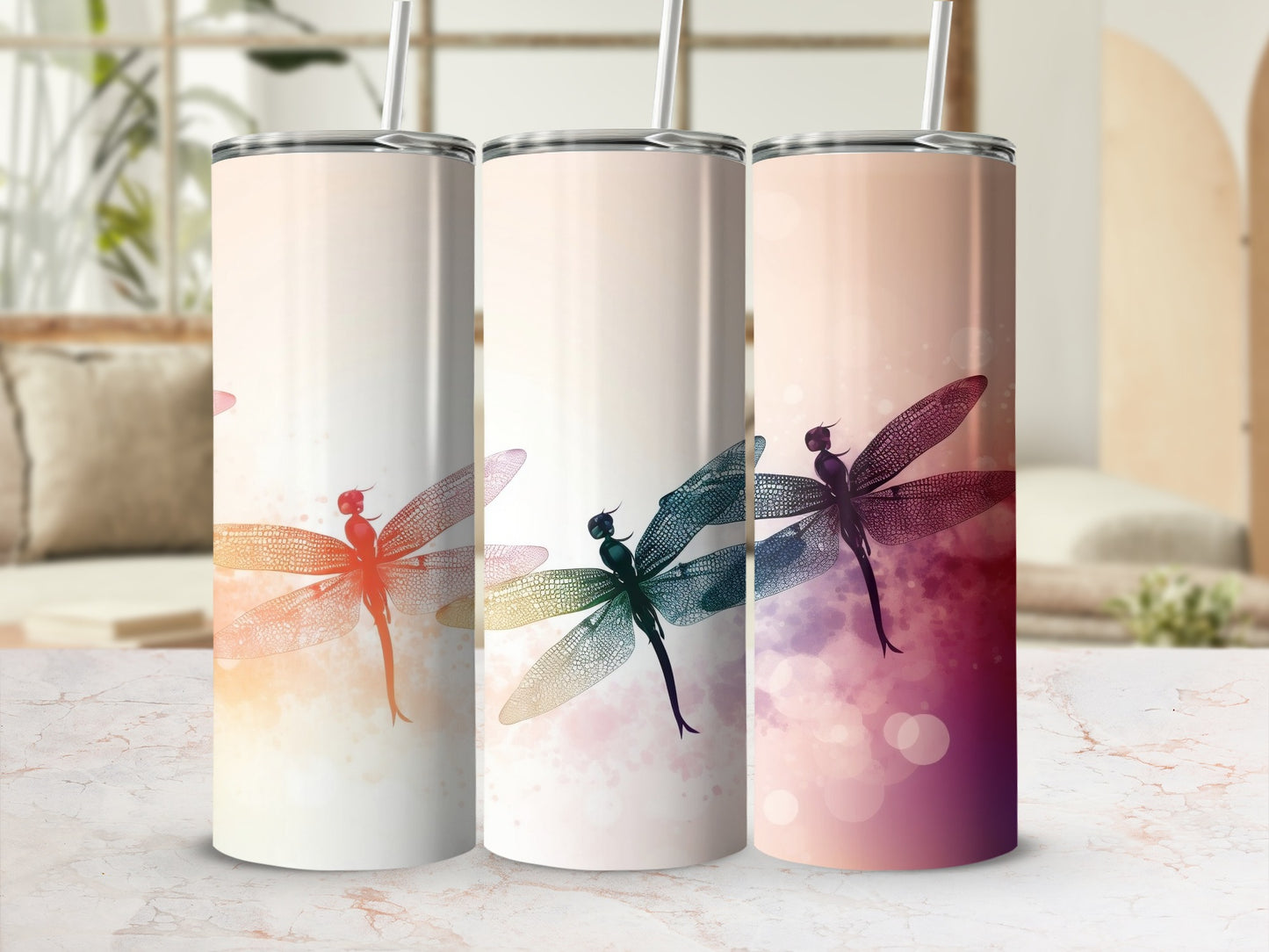 Dragonfly Design Insulated Tumbler with Straw