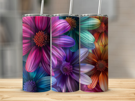Three tumblers featuring colorful abstract floral designs.