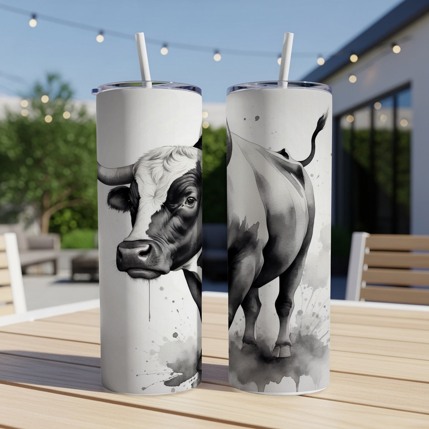 Black and white illustration of a bull on two white tumblers.