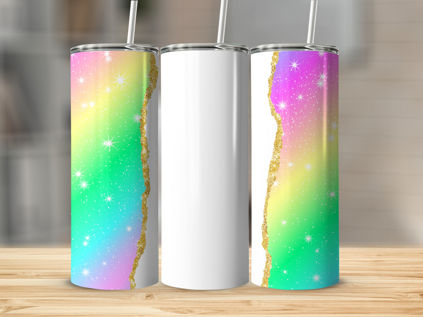 Three tumblers with rainbow glitter and cracked gold edges.