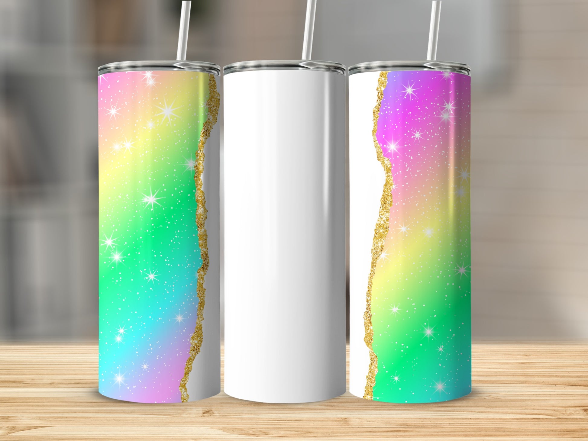 Three tumblers with rainbow glitter and cracked gold edges.