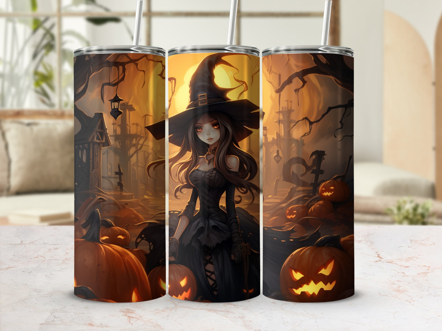 Three tumblers featuring a witch, pumpkins, and a spooky Halloween landscape scene.
