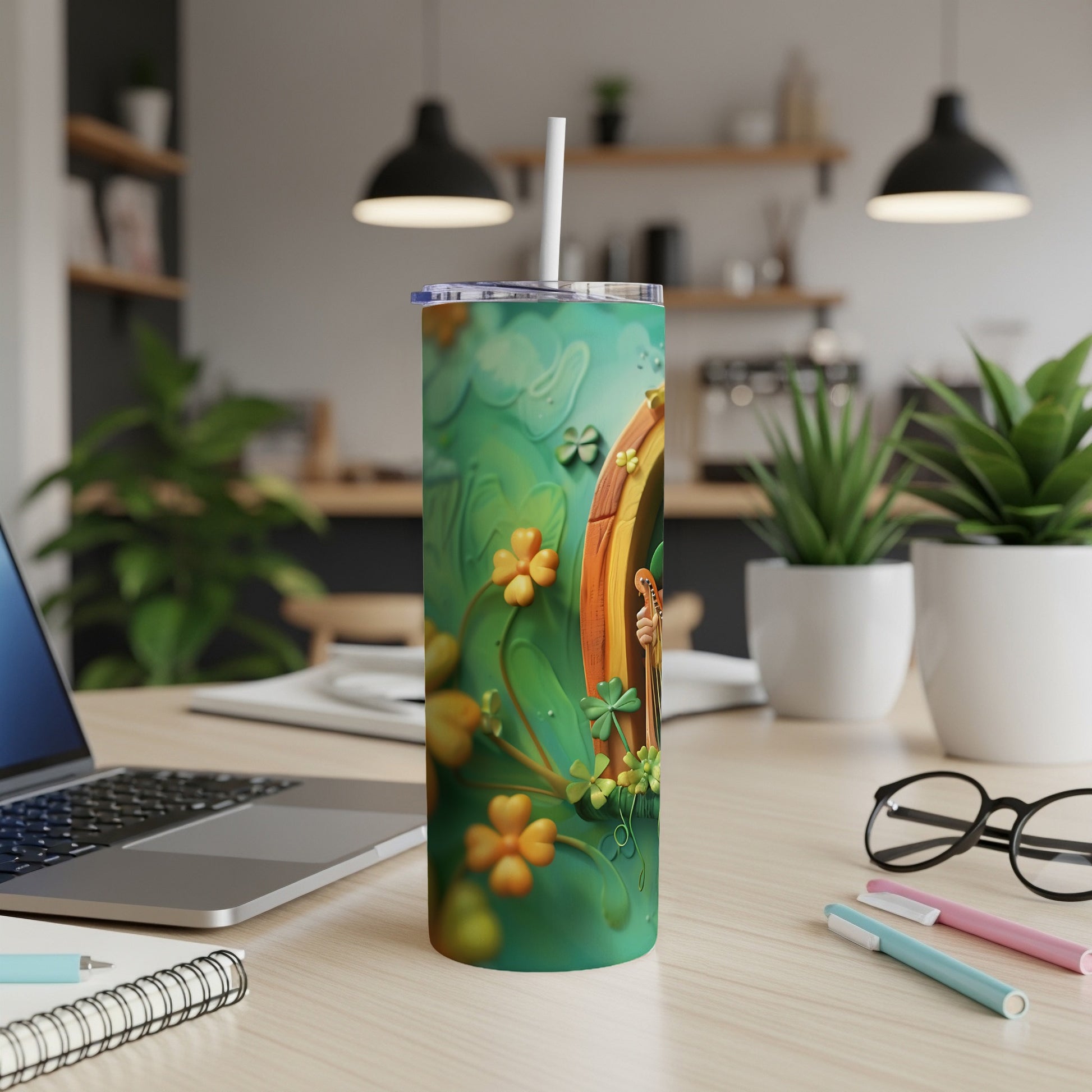 Green tumbler with shamrocks, clover, and a tiny door.