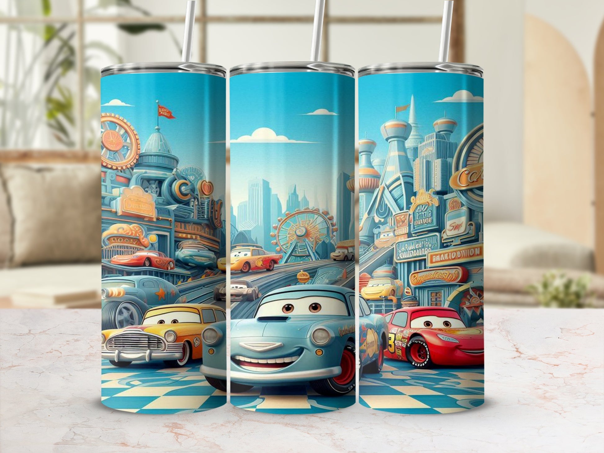 Vibrant Cartoon Car Themed Double Wall Tumbler Product
