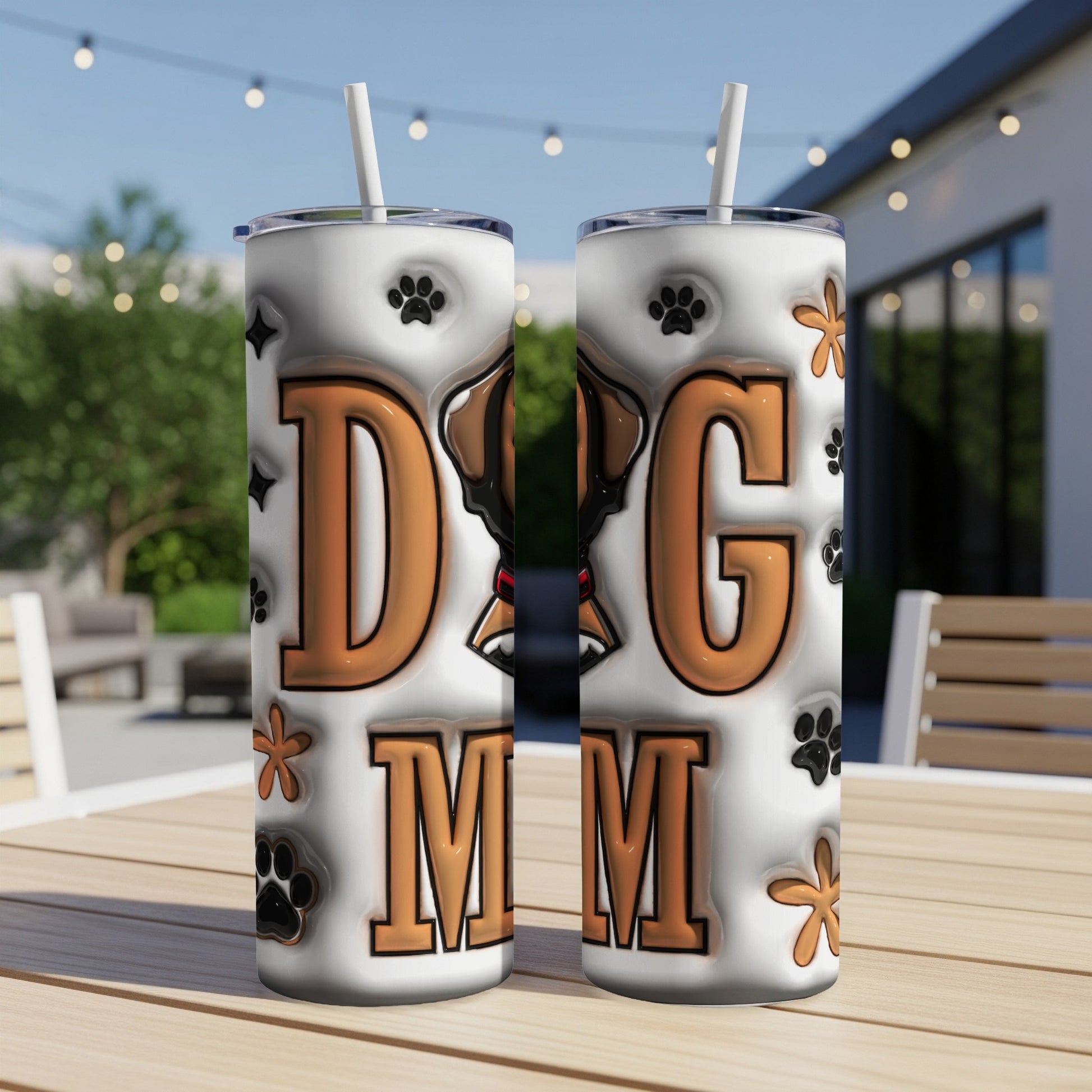 Two tumblers with "Dog Mom" text and paw print graphics.
