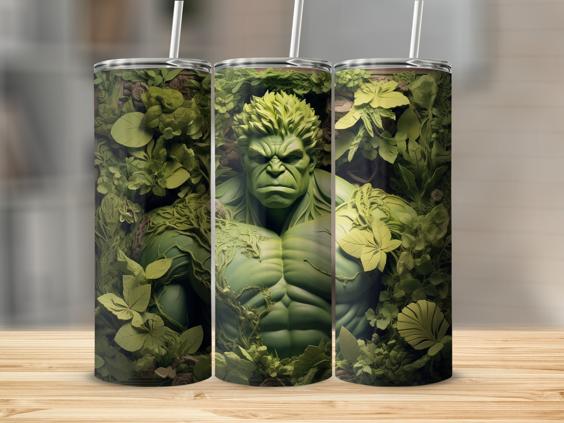 Green Hulk Tumbler with Leafy Background Design