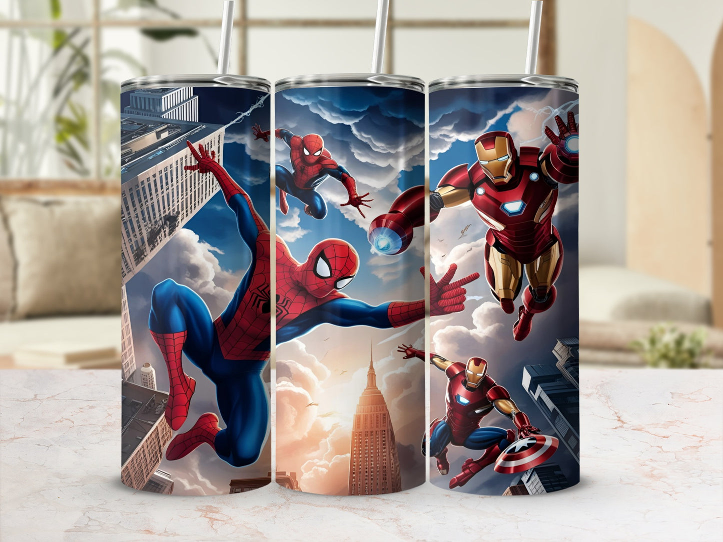 Spider-Man and Iron Man leaping between skyscrapers under a dramatic sky.