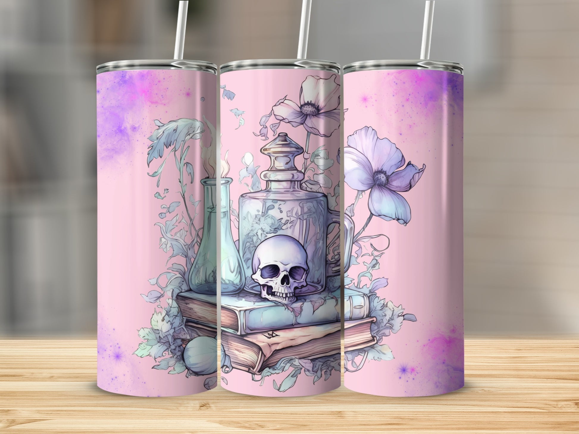 Mystic Pastel Skull and Flowers Stainless Steel Tumbler