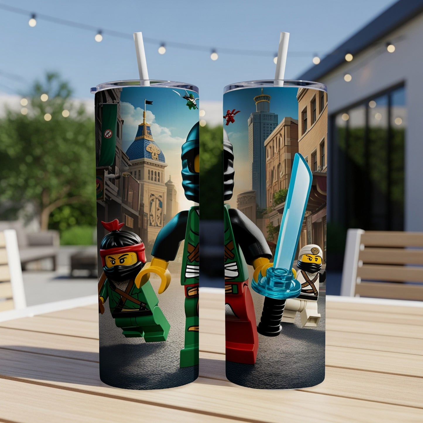 Two Lego Ninjago characters, Kai and Zane, holding swords on city street.