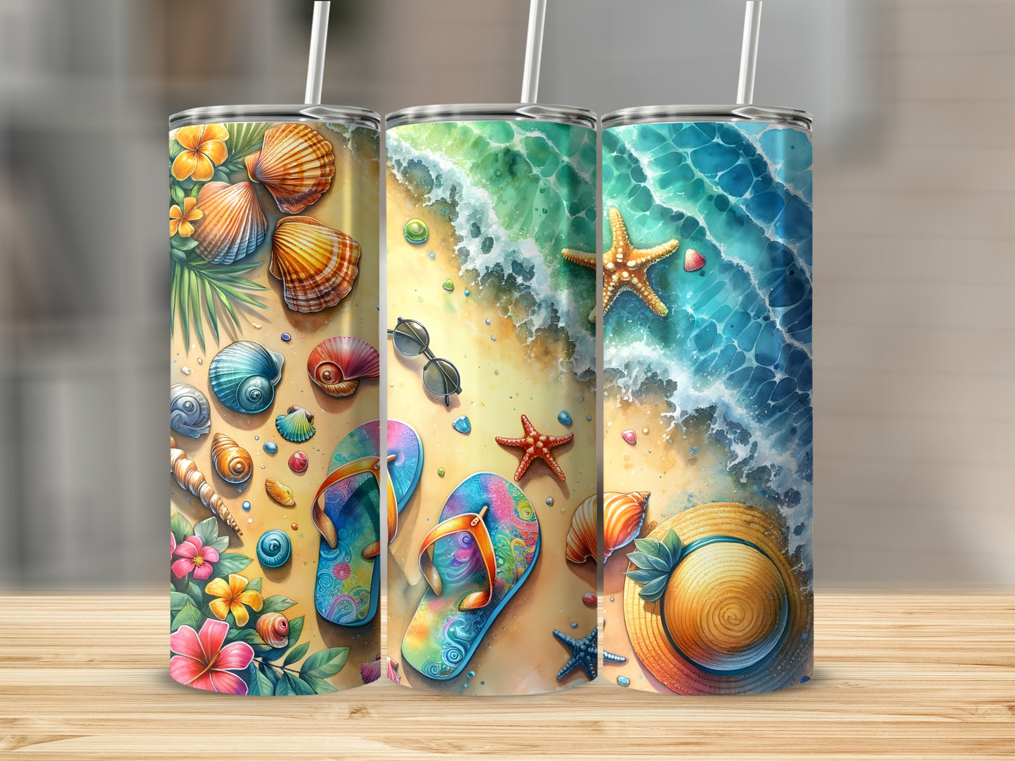 Three tumblers with beach scene designs featuring shells, flip-flops, and starfish.