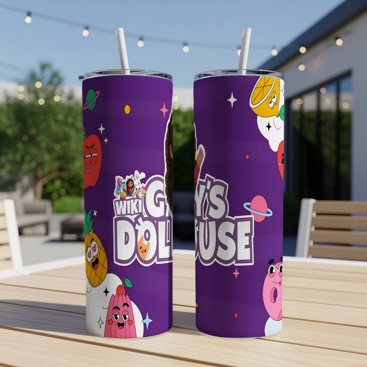 Purple tumbler with "Wiki Guy's Dollhouse" text and cartoon fruit characters.