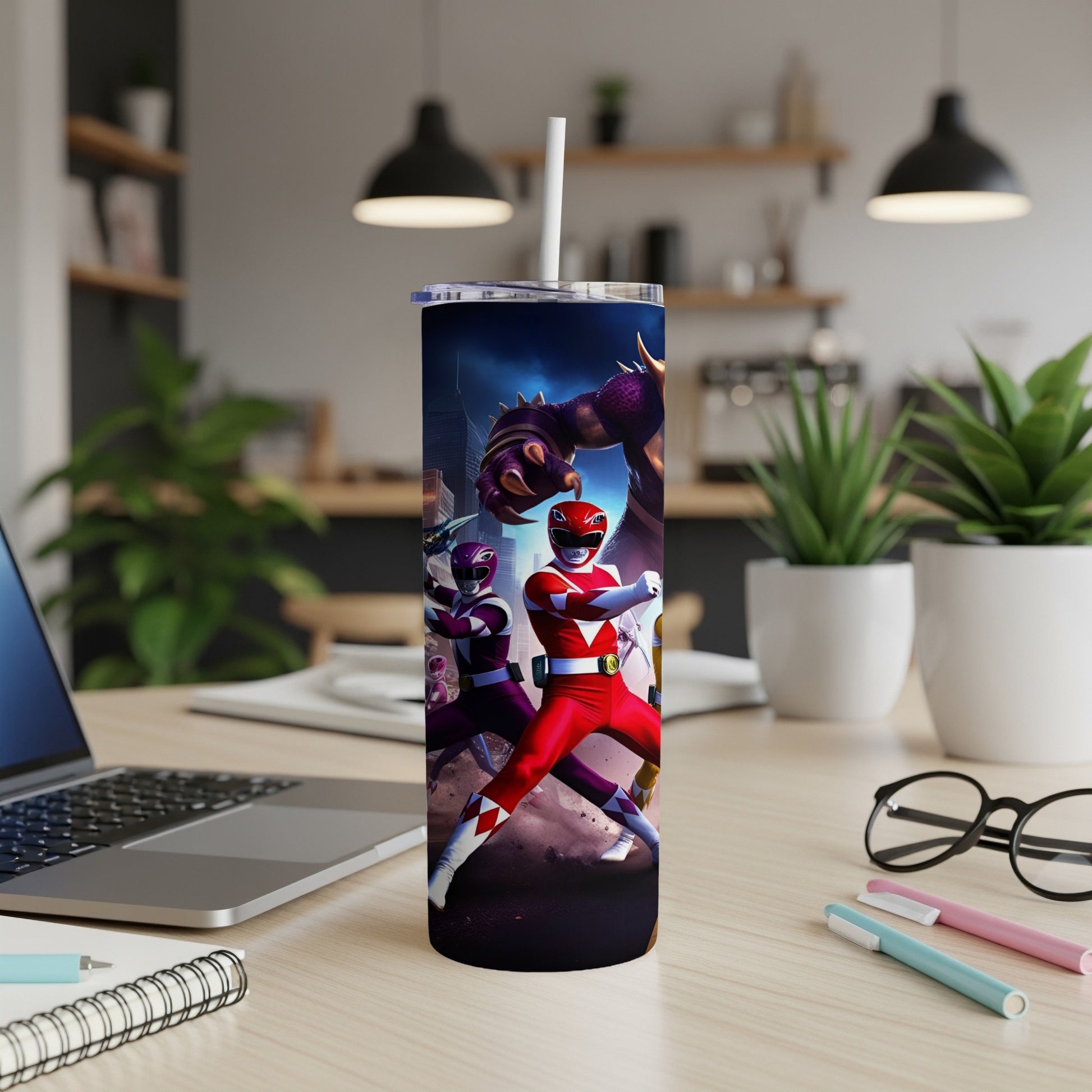 Red and pink Power Rangers fighting a monster on a tall, cylindrical tumbler.